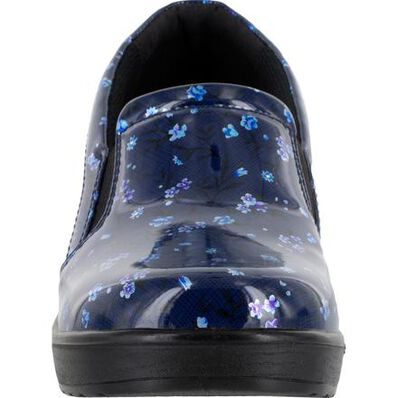 Easy WORKS by Easy Street Leeza Navy Floral Women's Slip-Resistant Patent Slip-on Work Shoe, , large